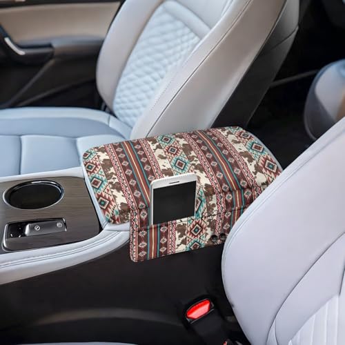 Aztec Brown Cow Print Car Center Console Cushion Cover Comfortable Armrest Seat Box Lid with Organizer Pockets Anti (Aztec Brown Cow Print)