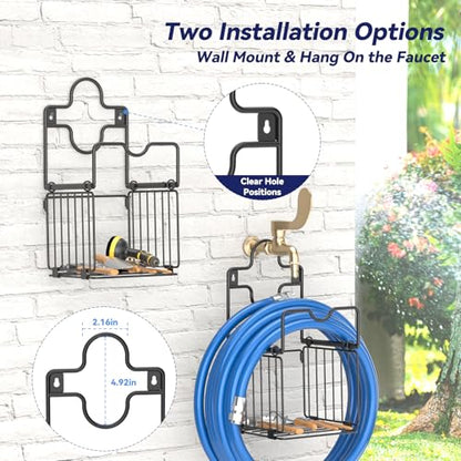 Garden Hose Holders for Outside Metal Water Hose Holder Wall Mount Hose Hanger with Storage Basket Heavy Duty Waterhose Holder for Outside Hose Rack Outdoor Hose Caddy Hook for Garden Organizer Black (Black)