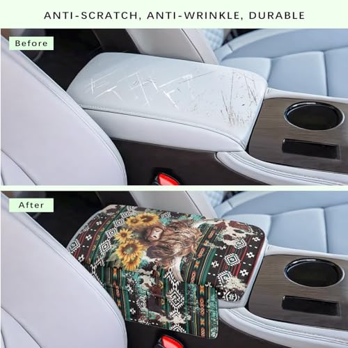 Aztec Highland Cow Sunflower Car Center Console Cover Soft Armrest Cover Protector Wear (Aztec Highland Cow Sunflower)