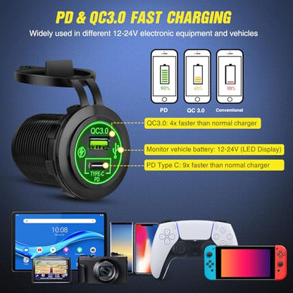 5 Gang Multi Function Waterproof Switch Panel Green (Waterproof Type C + USB Green)