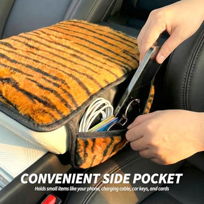Plush Animal Print Car Center Console Cover with Side Pockets