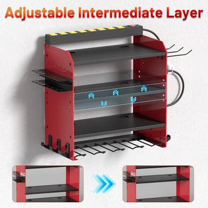 Power Tool Organizer Wall Mount with Charging Station (Red,Black / 4 Layer)