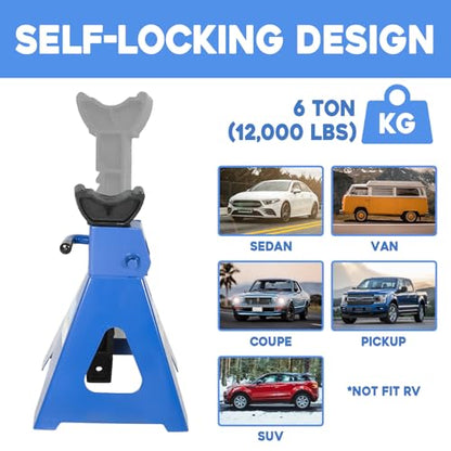 6 Ton (12,000 LBs) Automotive Jack Stands,Heavy Duty Steel Car Lifting Stand for Garages,Repair Shops,Adjustable Height 14.6"- 24",1 Pair (6 Ton)