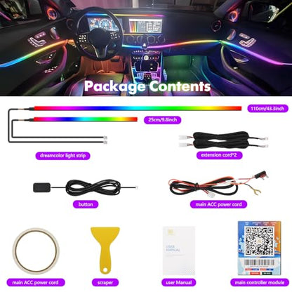 Upgraded Dreamcolor Acrylic Car Interior Lights RGB LED Strip Lights APP Control Zoned Control System 252 Color Modes DIY Fiber Optic Ambient Lighting Kits 2 in 1 Music Car Neon Lights