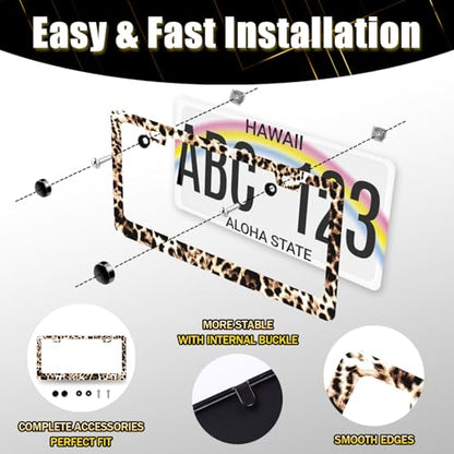 Stainless Steel Animal Brown Leopard License Plate Frame 12.2 x 6.2 Inch (Brown Leopard Retro Prints)