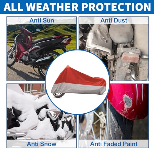 Motorcycle Cover for Harley Davidson for Honda for Suzuki All Season Waterproof Sun Outdoor Protection Motorbike Cover Fits Up to 116.14'' Motorcycles Cover XXXL Red Silver Tone (Red / XXXL)