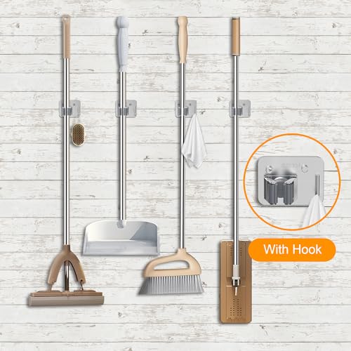4 Pack Stainless Steel Heavy Duty Broom Holder Wall Mount with Hook (C-Sliver / 4PCS Gripper)