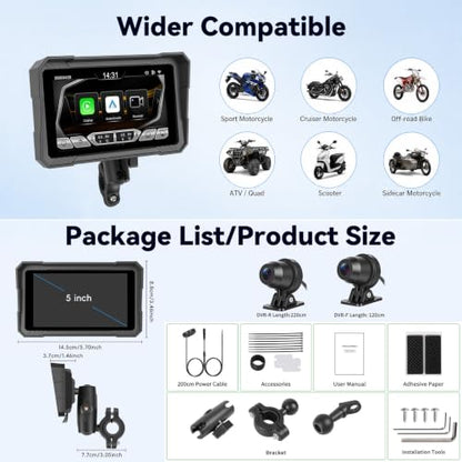 5" Motorcycle Carplay Screen with Dual Dash Cam