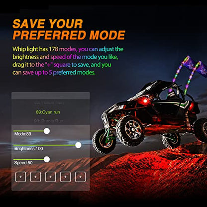 2PCS 4FT RGB LED Whip Light Remote App Control for ATV UTV Polaris (4FT -2PCS / RGB-Remote APP Control)
