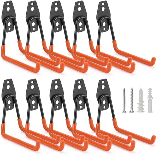 10 Pack Garage Hooks Heavy Duty Storage Organizer Wall Mount Power and Garden Tool Hangers (Medium U Hook / Orange 10 pack)