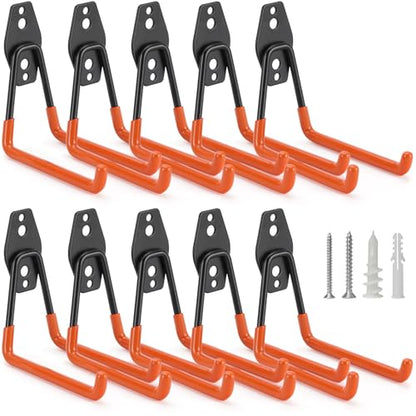 10 Pack Garage Hooks Heavy Duty Storage Organizer Wall Mount Power and Garden Tool Hangers (Medium U Hook / Orange 10 pack)
