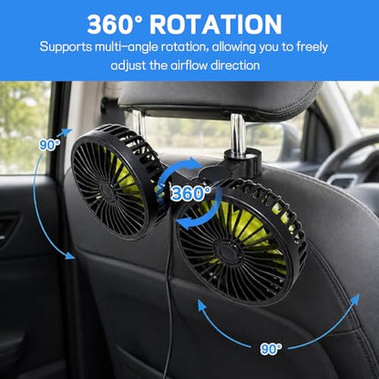 Car Backseat Fan USB Dual Head 3 Speed 360° Rotation Headrest (USB-Small)