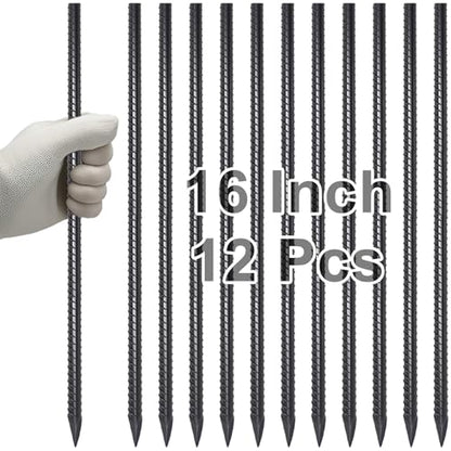 Straight Rebar Stakes 16 Inch Metal Ground Concrete Form Stakes (I-16 Inch-12 Pcs / I-16 Inch-Φ5/16"-Black)