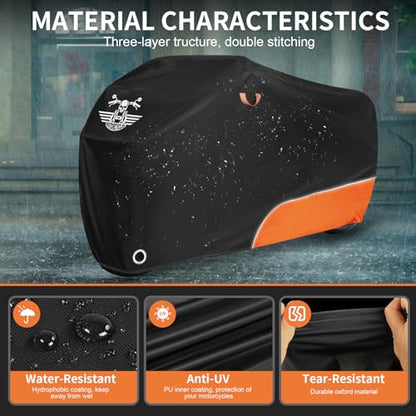 Motorcycle Cover Waterproof Outdoor Storage All Season Protection (210D Orange / 116")
