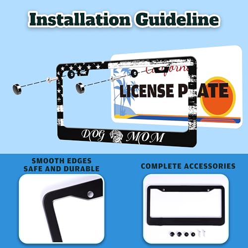 Dog Mom License Plate Frame Vintage American Flag Animal License Plate Holder for Front or Rear Car Tags Reusable Durable Stainless Steel Car Funny Decoration with Screws 6.3 X 12.2 in for Men Women (Dog Mom)