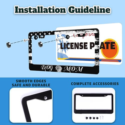 Dog Mom License Plate Frame Vintage American Flag Animal License Plate Holder for Front or Rear Car Tags Reusable Durable Stainless Steel Car Funny Decoration with Screws 6.3 X 12.2 in for Men Women (Dog Mom)