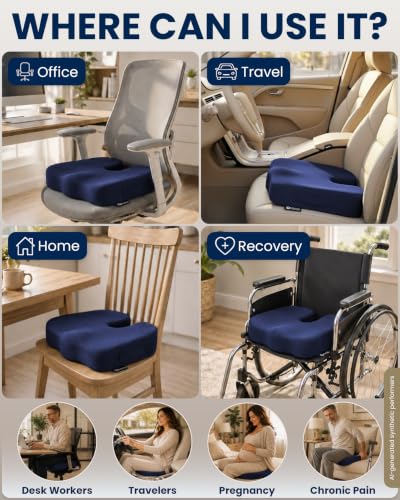 Seat Cushion Memory Foam Chair Cushion for Tailbone Pain Relief (Blue / Large)