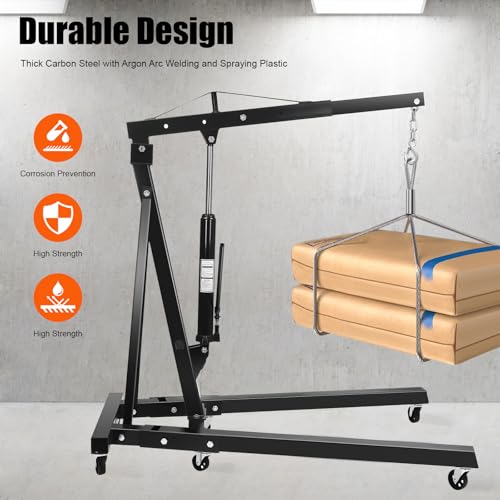 Folding Engine Crane 2 Ton Folding Engine Hoist 4400lbs Crane Hoist Lift with 6 Iron Caster Wheels for Garage (Black-A / 2T-4400lbs)
