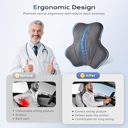 Car Lumbar Support Pillow and Car Neck Pillow Kit (Gray-01 / 2 Pieces)