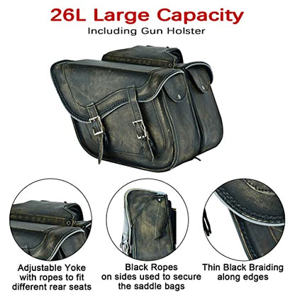 Naked Cowhide Leather Motorcycle Saddle Bags Throw Over Saddlebags (Distressed Brown 26L No Studs & Braided)