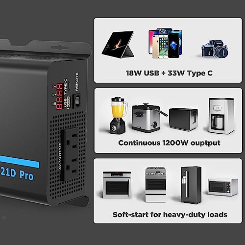 Pure Sine Wave Inverter 1200W 12V DC to 110V AC (1200W/12V)