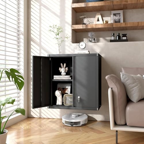 Locking Metal Garage Wall Cabinet with Doors and Shelf (28"H / Black)