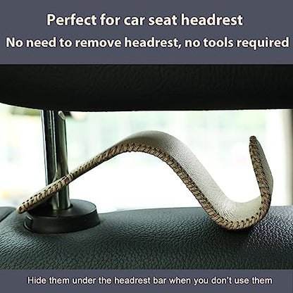 4 Pack Car Headrest Hooks Holds 55lbs Seat Storage Organizer for Bags (Leather Beige)