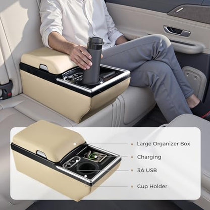 Universal Car Center Console with Wireless Charging & Cup Holder (Wireless Charging / Beige)
