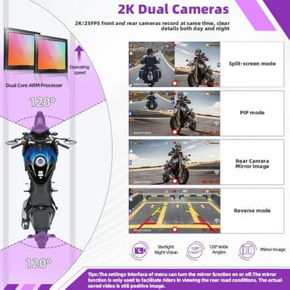 Dual 2K Wireless Carplay Motorcycle Dash Camera (CS6)
