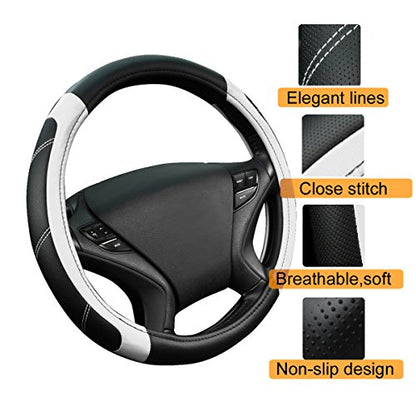 Line Rider Microfiber Leather Sporty Steering Wheel Cover Universal Fits for 95% Truck (Black＆White / Standard[14.5"-15"])