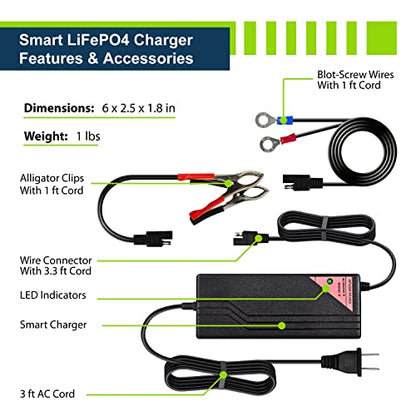 12.8V 5A Smart Charger for Lithium LiFePO4 Deep Cycle Rechargeable Batteries (5 Amp)