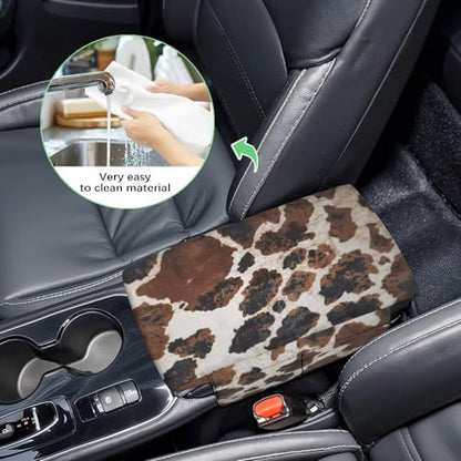 Brown Black Cow Print Car Center Console Pad Soft Armrest Cover Protector with Pockets Storage Bag Scratch Resistant Arm Rest Covering Middle Console Pad Auto Decoration (Brown Black Cow Print)
