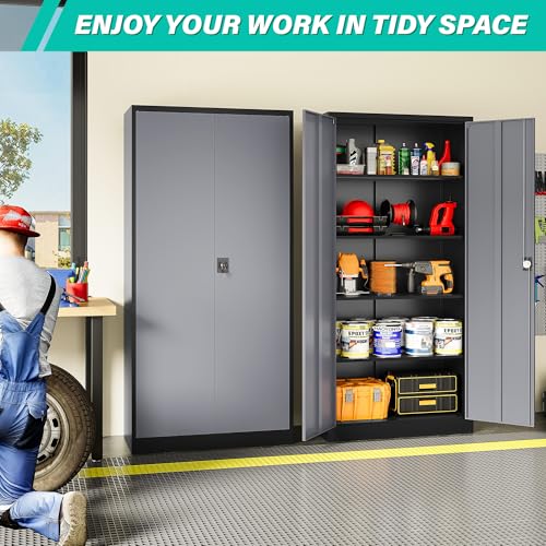 Metal Storage Cabinet with 2 Doors and 5 Shelves (71"H x 31.5"W x 16"D-B / Black Gray)
