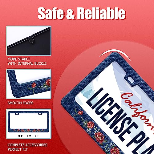 Blue Flower Jean License Plate Frame Stainless Steel Car Accessory 6.3x12.3 (Flower Blue Jean Design)