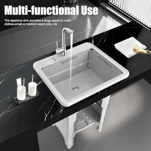 Freestanding Utility Sink Plastic Wash Station with Storage Shelf Indoor (F / Gray-25.6*21.65*31.5in)
