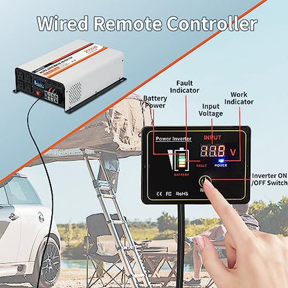 2000W Pure Sine Wave Inverter 12V DC to 120V AC Converter for Vehicles Boat Camping Outdoor Solar System (2000W-Wired / 12V)
