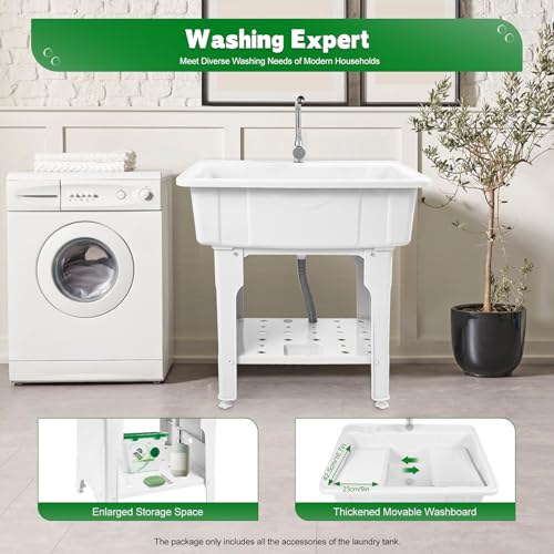 Freestanding Utility Sink Plastic Laundry Tub Sink with Storage Shelf Indoor Outdoor Slop Sink Wash Station for Bathroom Laundry Washing Room (E / White-31.5*22.05*31.5in)