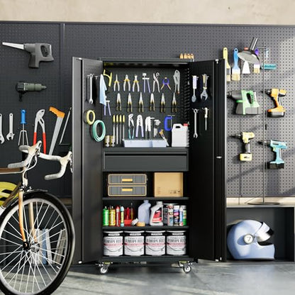 71 Inch Garage Storage Cabinet with Drawer (Black / 15"D x 30"W x 71"H)