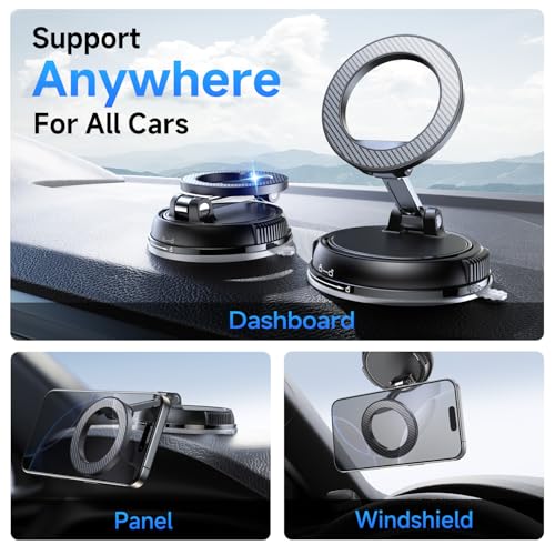 Compact Foldable Car Phone Holder for Magsafe [78+LBS Strongest Suction & 2400gf Strongest Magnetic] 360° Adjustable Car Phone Mount (Carbon Fiber)