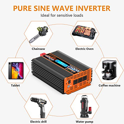 2500 Watt Pure Sine Wave Power Inverter 12V DC to 110V 120V Converter for Family RV Off Grid Solar System Car with Type (12V-2500W)