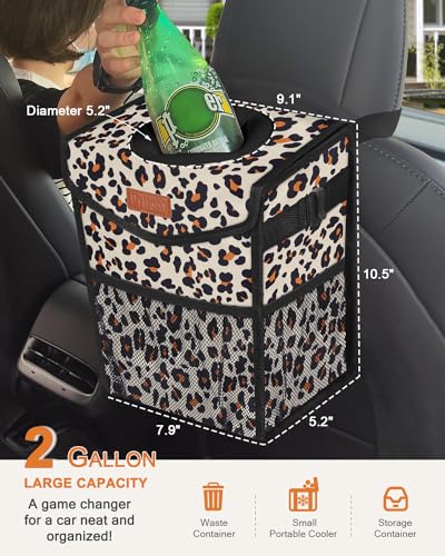 Car Trash Can with Lid Leakproof Car Garbage Bag Vehicle Trash Bin (2 Gallons / Leopard)