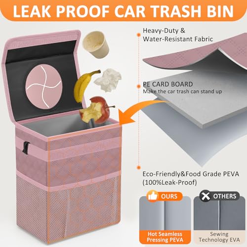 Car Trash Can with Lid Leak Proof Car Accessories for Women (2.2 Gallons / Quilted-Pink)