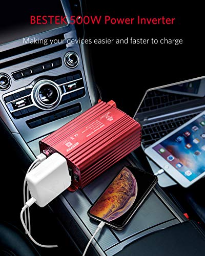 500W Power Inverter DC 12V to 110V AC Converter with Alligator Battery Clamp 4.8A Dual USB Car Charger ETL Listed (Red)