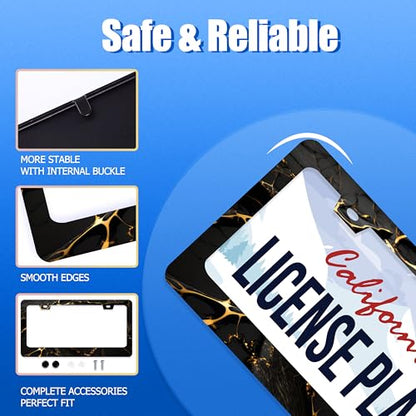 Marble Print License Plate Frame Stainless Steel Car Accessory 6.3x12.3Inch (Black Gold Marble Pattern)