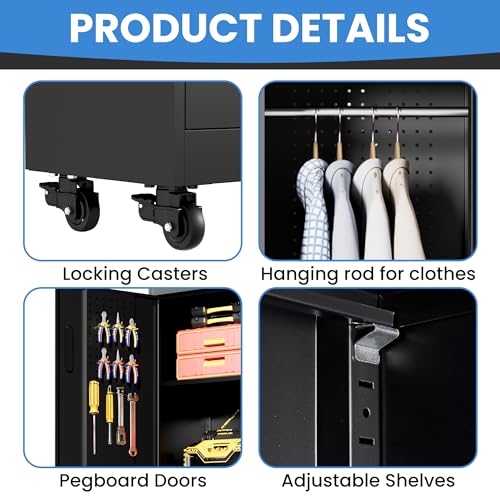 Metal Storage Cabinet for Garage (Black / L - 2 Doors & Hanging Rod (Wheeled))