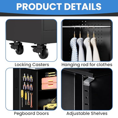 Metal Storage Cabinet for Garage (Black / L - 2 Doors & Hanging Rod (Wheeled))