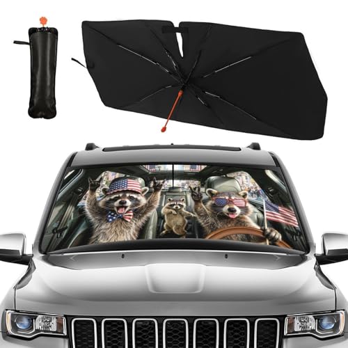 Funny Rocking Raccoon Print Car Sunshade Umbrella Funny Rocking Raccoon Windshield Sun Shade for Car Retractable Umbrella Sunshades for Front Window Sun Shades Cover Visor Portector Block UV Rays (One Size / Style26)