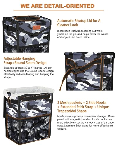 Car Trash Can with Lid Leakproof Car Garbage Bag Vehicle Trash Bin (2 Gallons / Camo Grey)