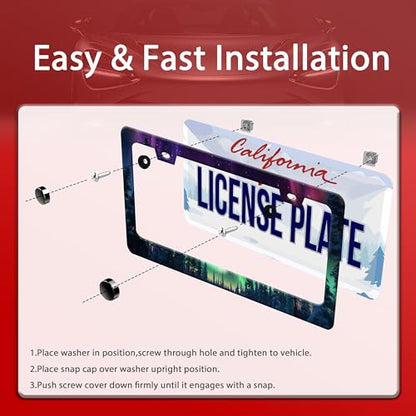 Starry Sky Aurora Forest License Plate Frame Stainless Steel with Screws (Aurora Forest)