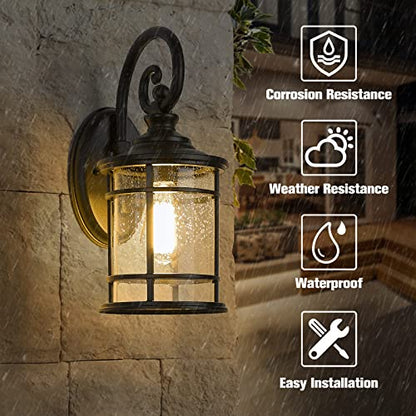 Modern Outdoor Wall Lantern (Black - Seeded Glass / 15.5 Inch)